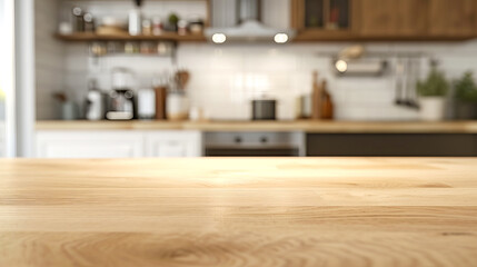 Blurred modern kitchen interior behind a clear wooden table surface, with a warmly lit background conveying a homely concept. Generative AI