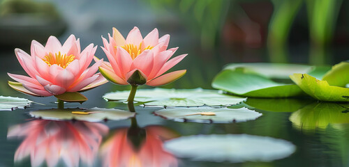A pair of lotus flowers blooming side by side in a calm pond, their pink petals open to the sun. The water's surface is like glass. 32k, full ultra hd, high resolution
