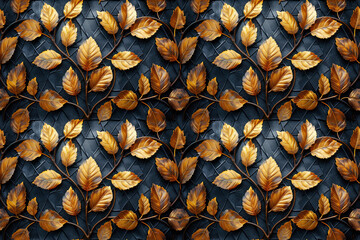 seamless pattern with golden leaves on tree branches on black background - obrazy, fototapety, plakaty