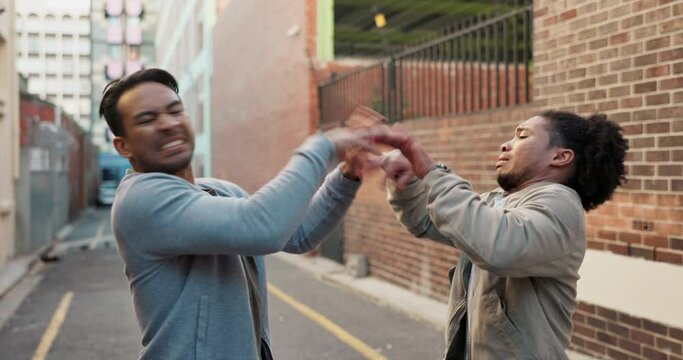 City, confrontation and men in street fight with violence, battle and disagreement with conflict, aggression and war. Argument, bullying and silly friends in brawl in alley with frustrated danger