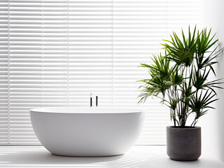 A modern bathtub in a bright room with venetian blinds and a potted plant, showcasing a minimalist bathroom concept. Generative AI