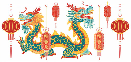 Fototapeta na wymiar Traditional Chinese Dragon and Lanterns Illustration 