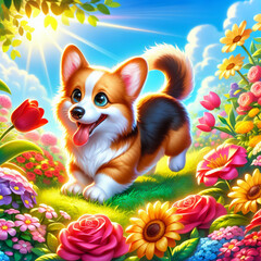 A bright and colorful illustration of a happy Corgi dog surrounded by a lush, blooming flower garden under a sunny sky