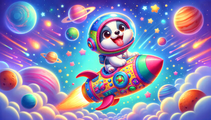 Obraz na płótnie Canvas A vividly colored illustration featuring a joyful puppy astronaut riding a whimsical rocket through a fantasy space filled with planets and stars