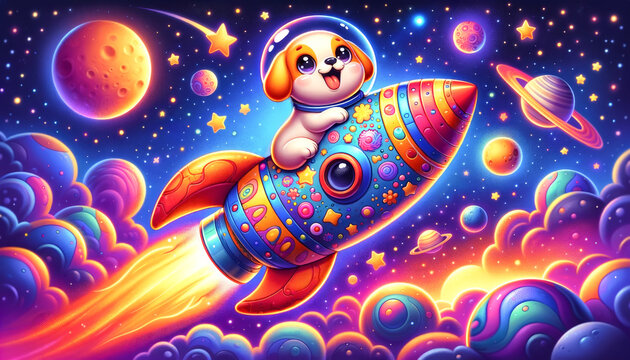 A vividly colored illustration featuring a joyful puppy astronaut riding a whimsical rocket through a fantasy space filled with planets and stars