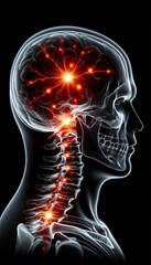 A medical visualization highlighting the neural pathways associated with neck pain, with glowing areas indicating neurological activity or inflammation