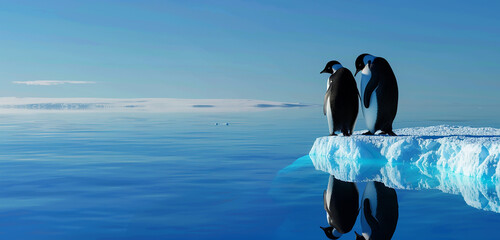 A pair of penguins standing together on an iceberg, surrounded by the deep blue sea. The iceberg reflects in the water. 32k, full ultra hd, high resolution