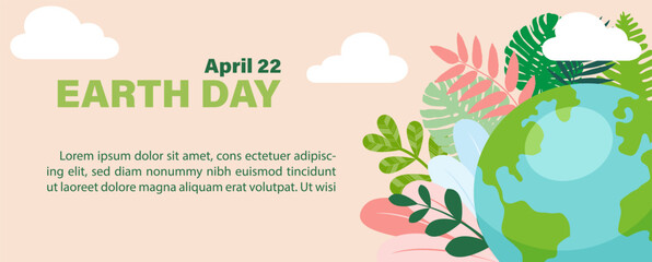 Blue global with colorful plants and the name of event, example texts on egg yellow colors background. Illustration and Poster campaign of Earth day in flat style