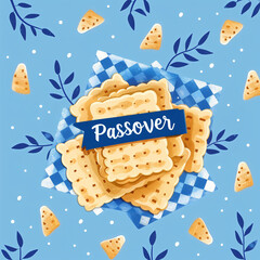 Happy Passover greeting card or banner with matzah.  Lettering, bread and floral decorations isolated on blue background. Jewish holiday background. Modern brush calligraphy - obrazy, fototapety, plakaty