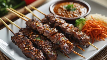 mutton satay beef chicken meat with peanut sauce and soy sauce grilled satay close up food photography