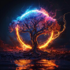 Neon tree with glowing branches encircling a dark cloudy sky
