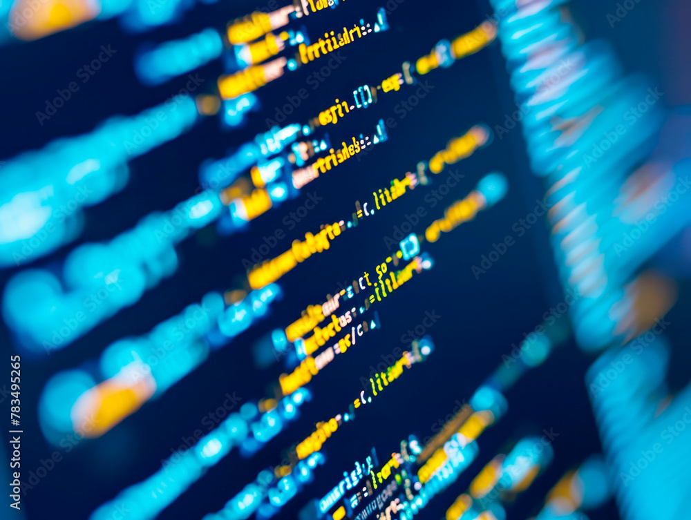Aufkleber Close-up of programming code on a computer screen, with a focus effect, on a dark blue background, concept of software development. Generative AI