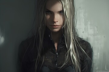a rain-soaked blonde anime femme fatal young woman. 2D digital art style, illustration. generative AI