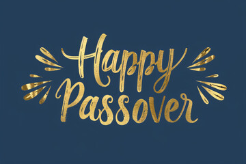 Happy Passover greeting card or banner. Golden lettering isolated on blue background. Jewish holiday background. Modern brush calligraphy - obrazy, fototapety, plakaty