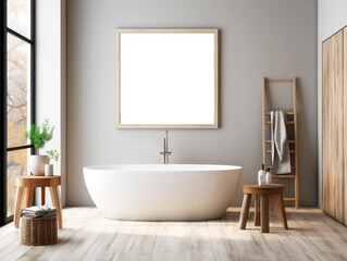 Modern bathroom interior with a white freestanding bathtub, wooden ladder towel rack on a light background, concept of relaxation. Generative AI