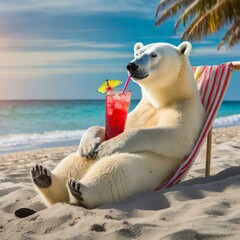 Polar bear having a drink at the beach
