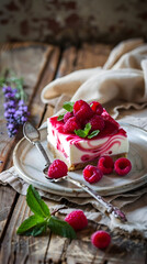 Obraz na płótnie Canvas Decadent Raspberry No-Bake Cheesecake: A Captivating Table Presentation of Dessert Artistry