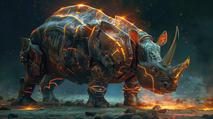 A rhinoceros-like creature with metallic armor and glowing markings - obrazy, fototapety, plakaty