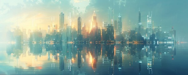 Craft an imaginative visual of a futuristic city skyline with elements of blockchain technology integrated, symbolizing the growth and evolution of the cryptocurrency landscape