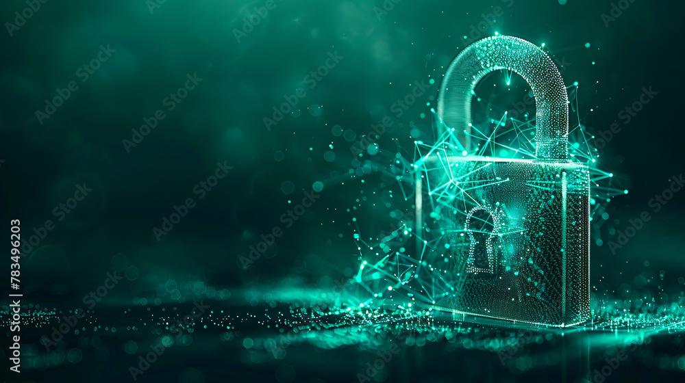 Poster Glowing digital lock with connected lines on a dark, bokeh background, symbolizing cybersecurity. Generative AI