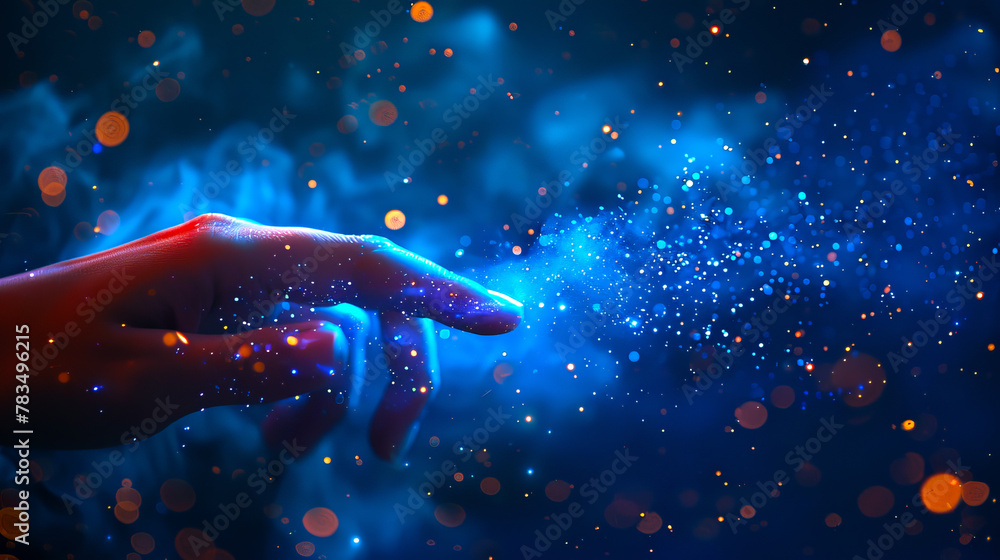 Poster a hand with glowing fingertips touching a burst of blue and orange particles on a dark background, c