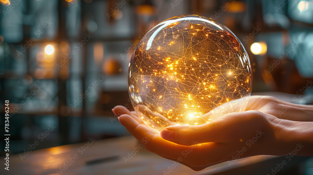 Poster hands holding a glowing globe with connected network patterns, against a warm lighted blurred backgr