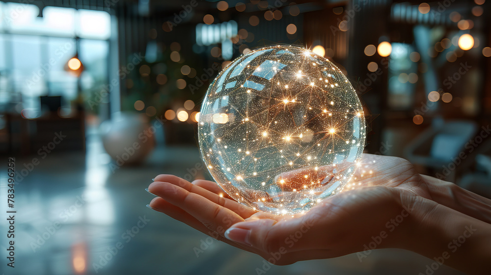 Poster a person holds a glowing orb with sparkling lights against a blurred interior background, concept of