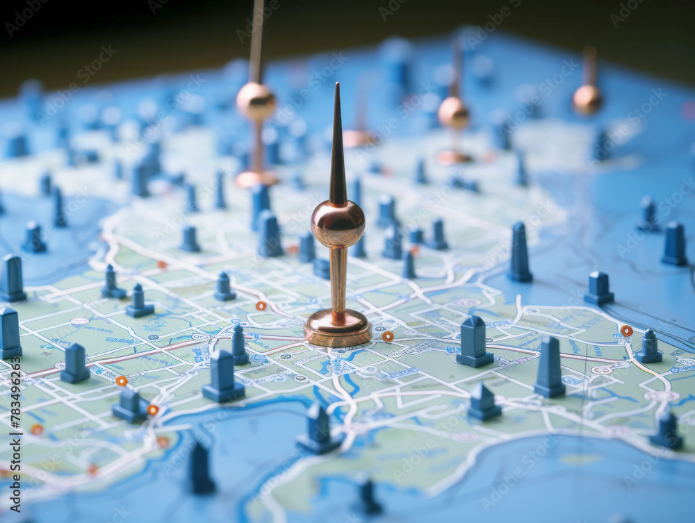 Poster a detailed city map with pinpoint navigational markers on it, concept of exploration or logistics, g