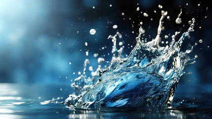 Water splashes and ripples on blue background