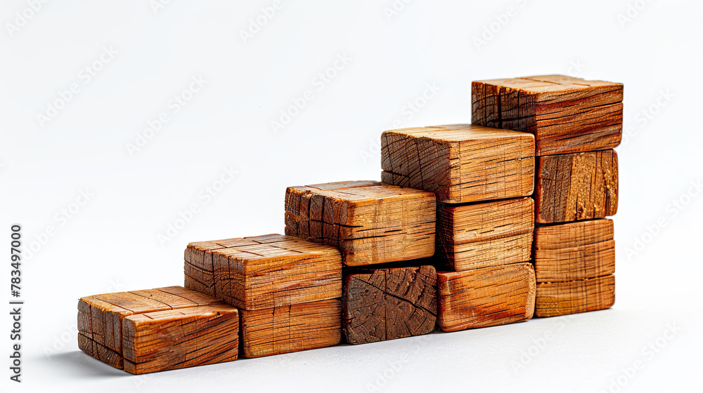 Poster stacked wooden blocks forming a staircase on a white background, symbolizing growth or progress, gen