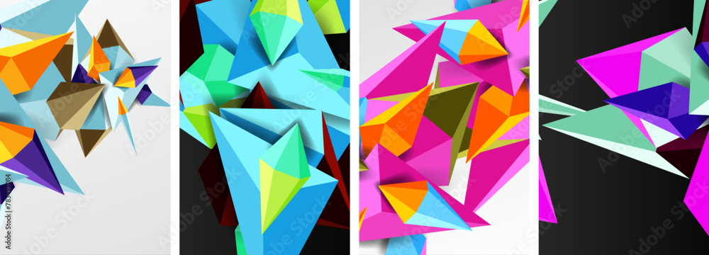 Poster a collage of four different colored triangles on a white background