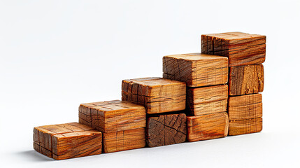 Stacked wooden blocks forming a staircase on a white background, symbolizing growth or progress, Generative AI. Generative AI
