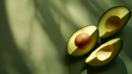A halved avocado with its seed, casting a shadow on a green surface