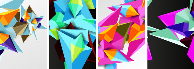 a collage of four different colored triangles on a white background