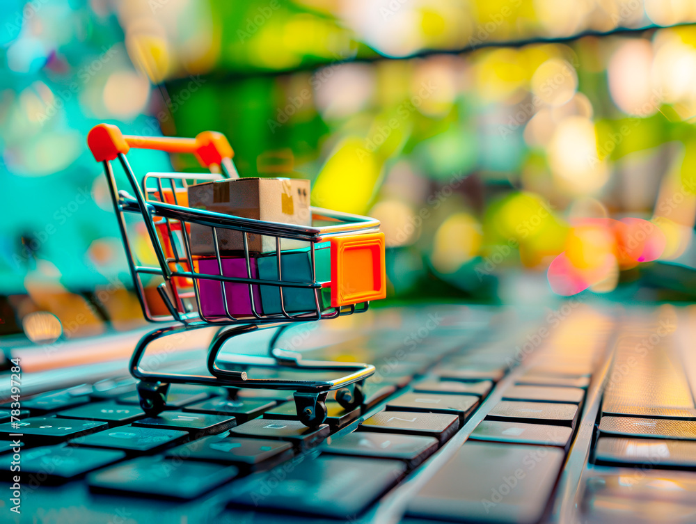 Poster mini shopping cart with boxes on a keyboard, bokeh background, symbolizing online shopping. generati