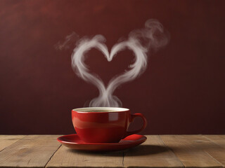 Heart of steam hovering over a Gray coffee cup of coffee on wooden table with cream wall