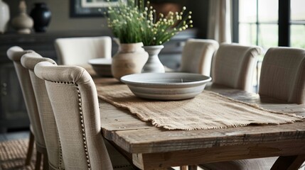 A dining room with a rustic retreat feel showcases a rough burlap table runner with frayed edges p over a wooden farmhouse table. The dining chairs are upholstered in a loosewoven . - obrazy, fototapety, plakaty