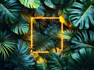 Neon-lit frame amidst tropical leaves on a dark background, modern design concept for branding. Generative AI
