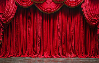 A photo of luxurious red velvet curtains on a theater stage with an empty space for presentation, against a dark background. Generative AI