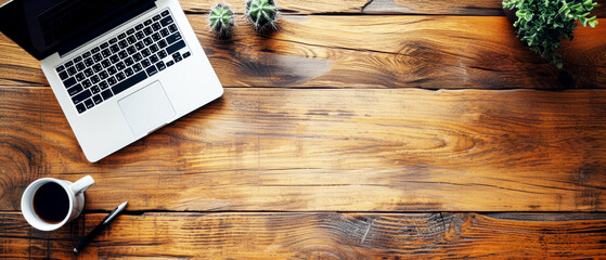 Laptop, coffee cup, and plants on a wooden table, shown in a naturalistic style on a wooden...