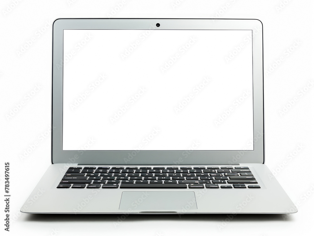 Poster an open laptop with a blank screen on a white background, ideal for mockups and branding presentatio