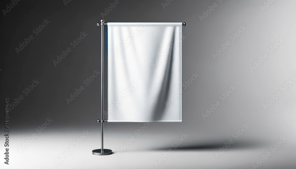 Poster a blank banner display on a metal stand, positioned against a gradient gray background, for product 