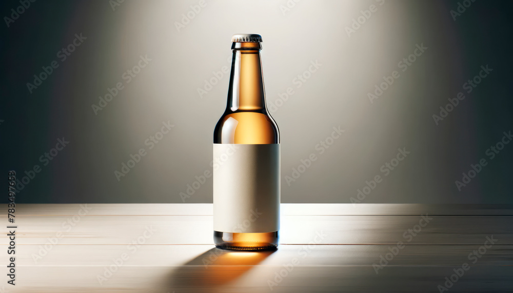 Aufkleber a beer bottle with blank label on a wooden surface against a gradient background, ideal for brand mo