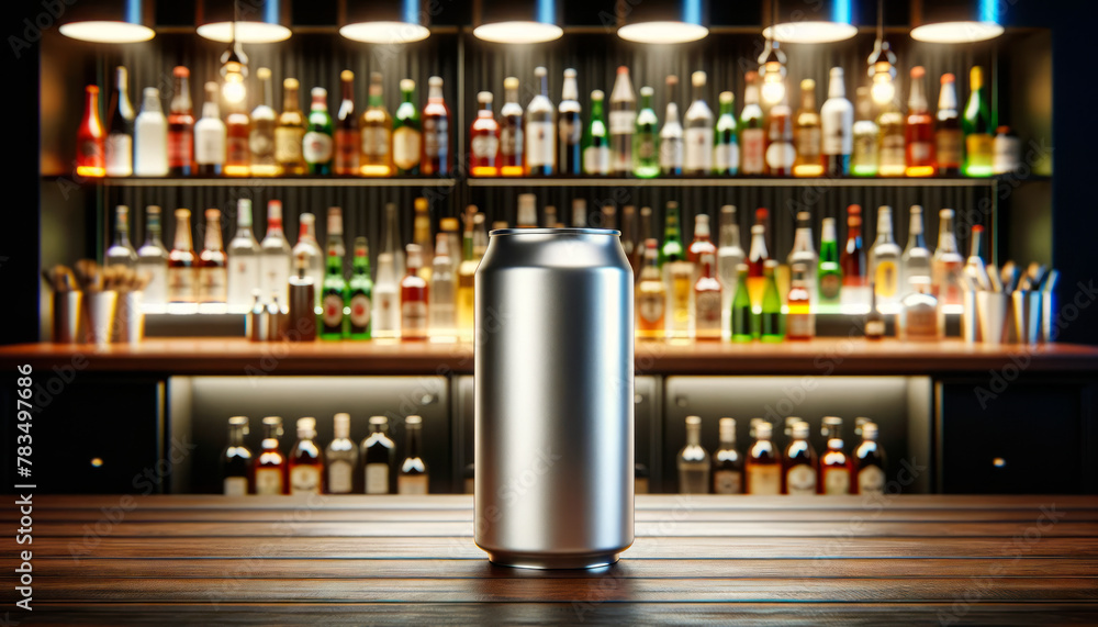Poster an aluminum can on a bar counter with a blurred background of liquor bottles, invoking a concept of 