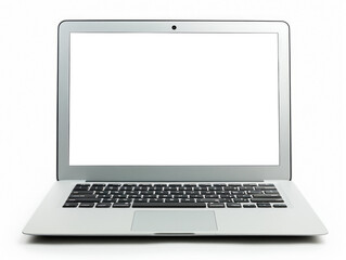 An open laptop with a blank screen on a white background, ideal for mockups and branding...