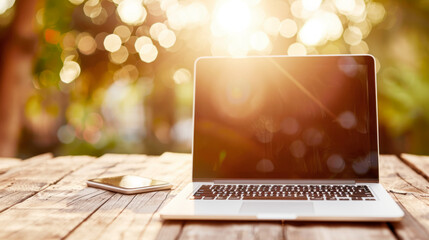 Open laptop on a wooden surface with a smartphone beside it, bokeh lights in the background,...