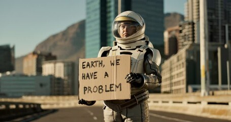 Astronaut, city and board with sign message for earth day as climate change for crisis awareness, future or mission. Person, downtown and protest billboard in suit for space problem, planet or global