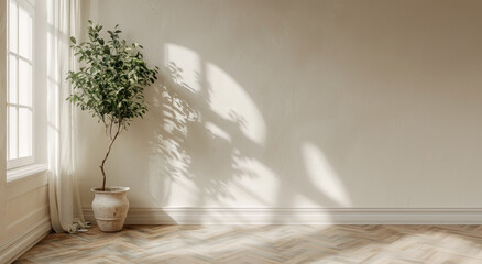 Indoor plant in a pot against a textured wall, natural light casting shadows, space for branding on...