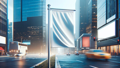 An empty banner displayed on a street pole in a modern city backdrop, conceptualizing brand promotion. Generative AI