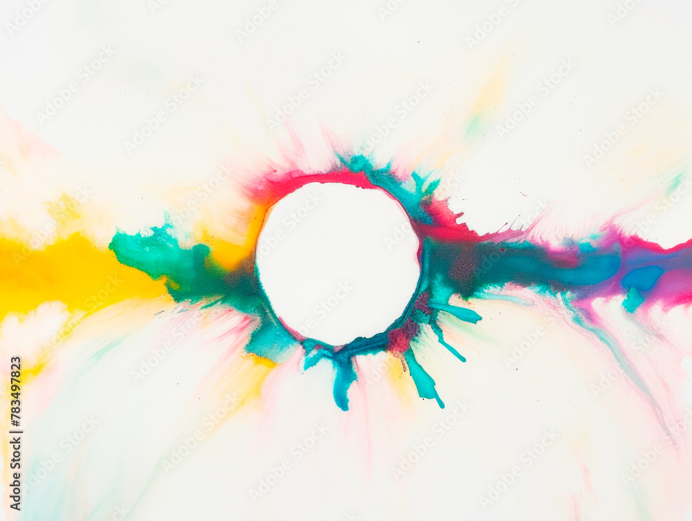 Poster colorful ink splashes around a circular blank space on a white background, concept of creative desig